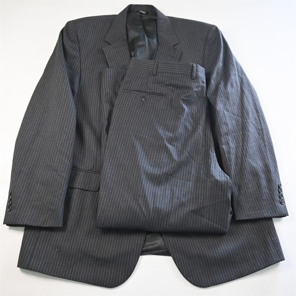 Bill Blass 46L 40x30 Gray Striped Wool Mens Jacket Pants Suit